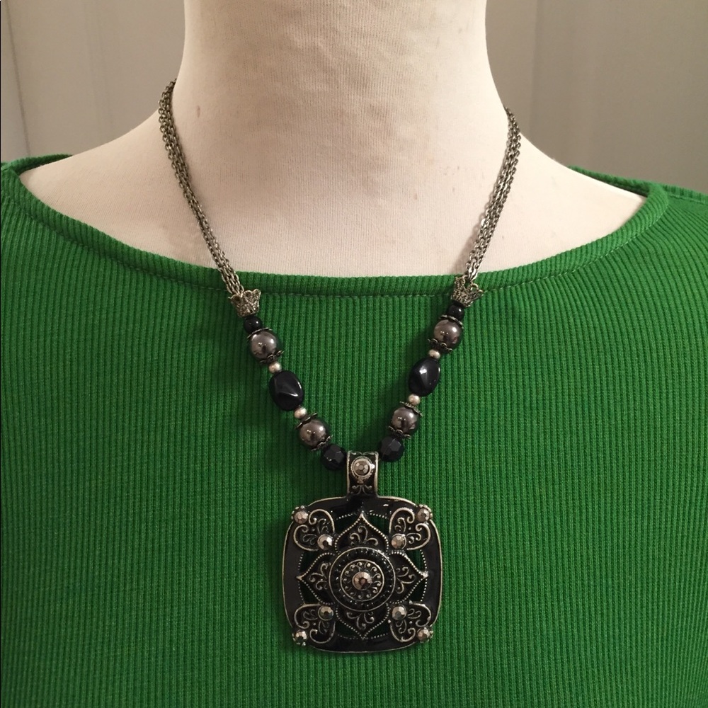 Black and Silver Medallion Necklace NWOT